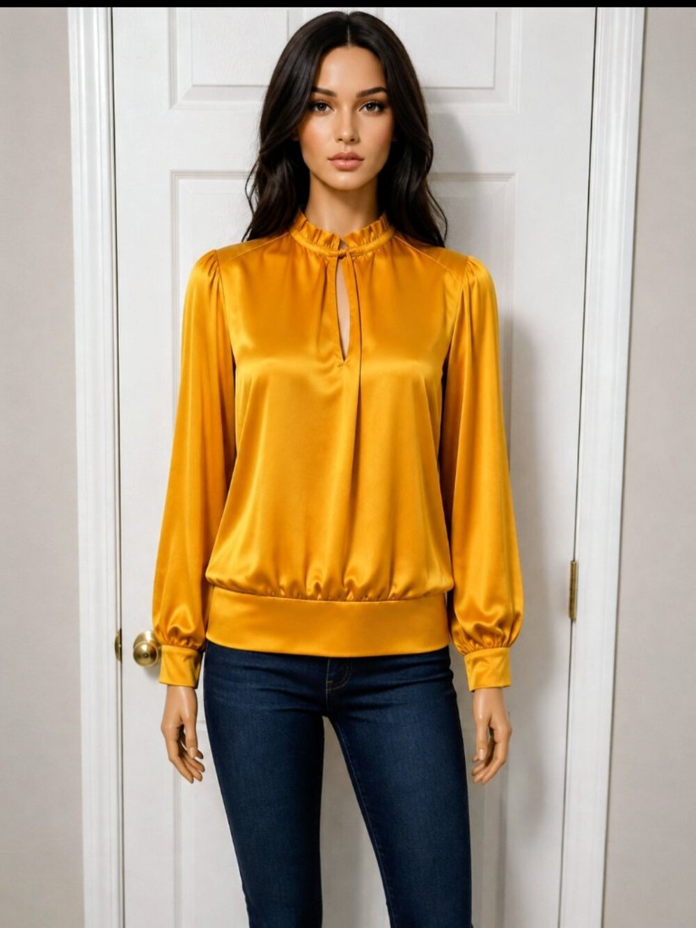Karl Lagerfeld Paris Elegant Women's Yellow Mustard Satin Blouse Size Large